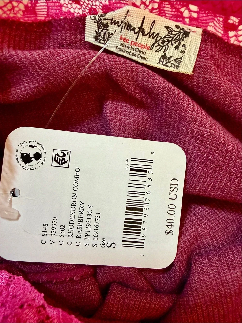 NWT Free People Long Sleeve Scoop Top with Hot Pink Lace Trim